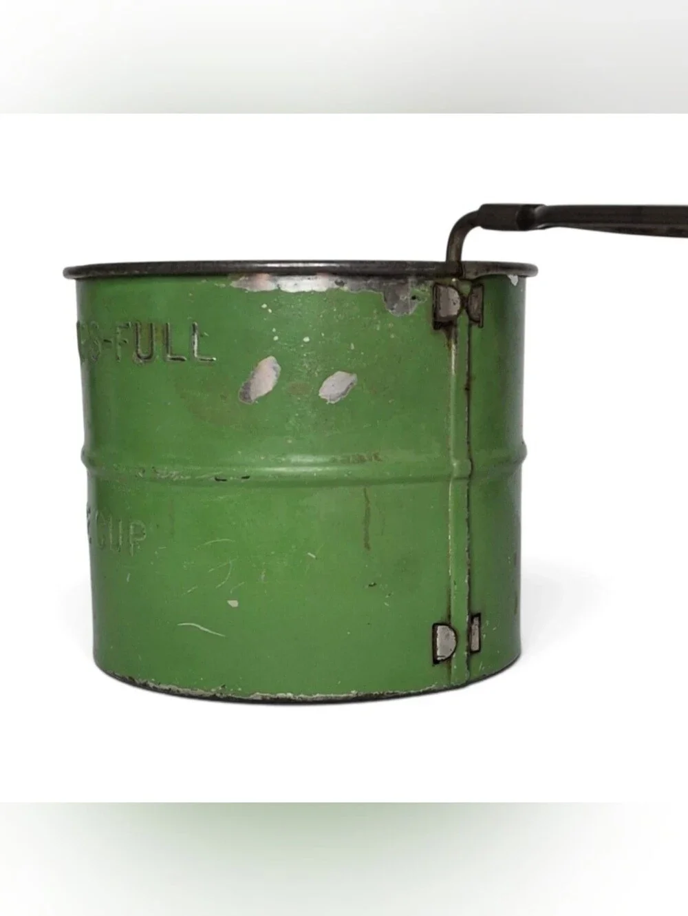 Vintage Chippy Green Flour Sifter Two Cup Hand Held Tin Shake Shaker Sifter